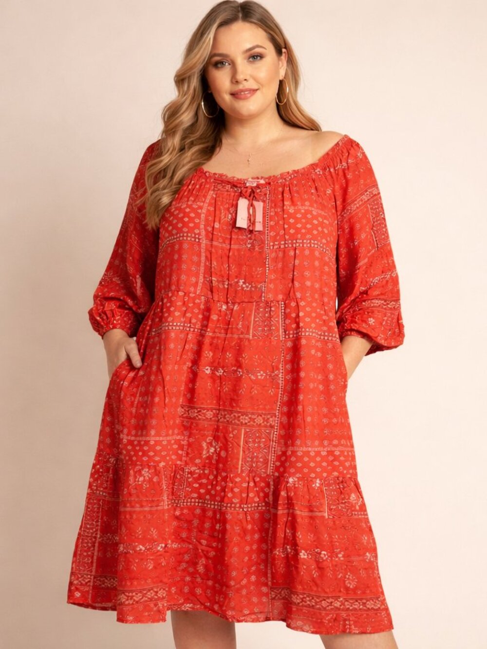 NEW Ruffle Coral Bohemian Beach Dress Size XXL 2XL Midi 3/4 Length Sleeves Scoop